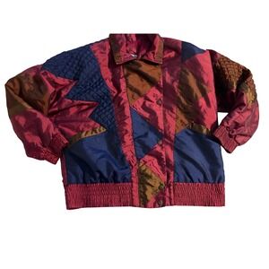 Vintage Windbreaker Patchwork Geometric Magenta Blue Bronze Retro 80s 90s M